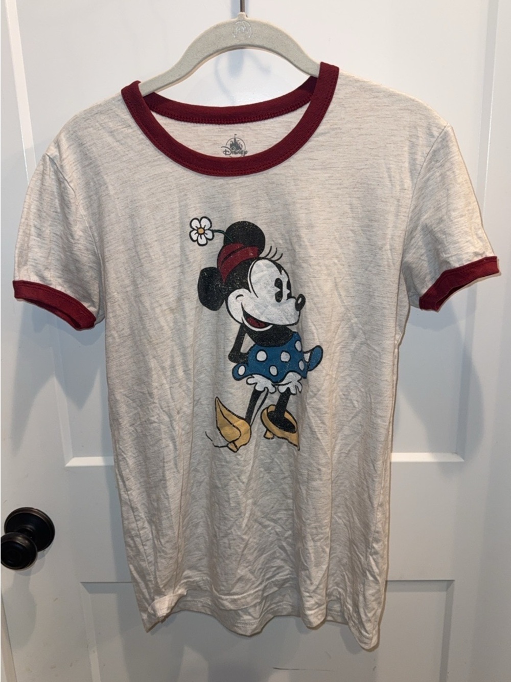 Disney Cream Minnie Mouse Ringer Tee with Burgundy Trim